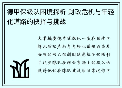 德甲保级队困境探析 财政危机与年轻化道路的抉择与挑战