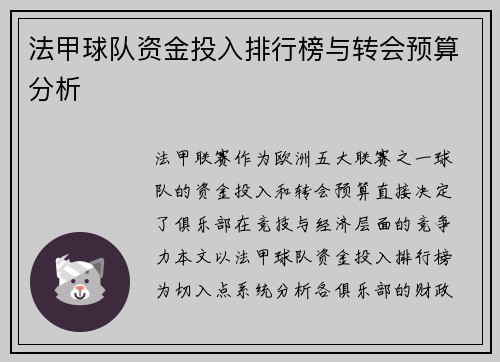法甲球队资金投入排行榜与转会预算分析
