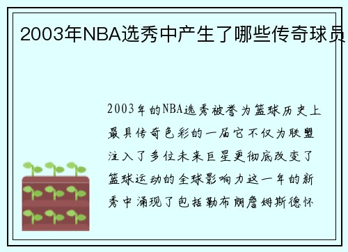 2003年NBA选秀中产生了哪些传奇球员
